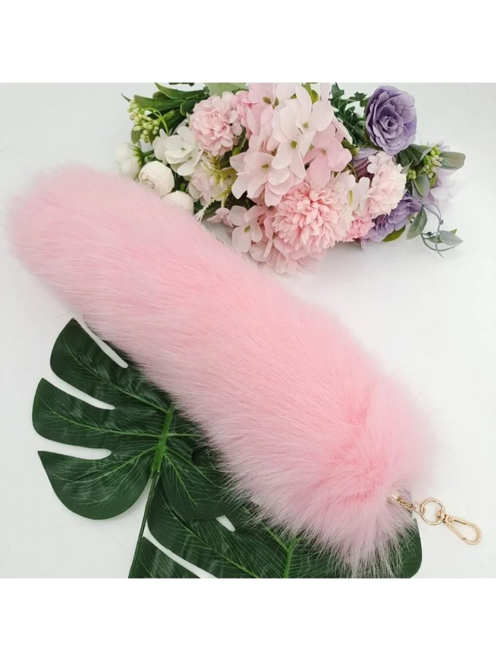 Women's Pink Grey Pendant Cosplay Costume Halloween Furry Tails Keychain Handbag